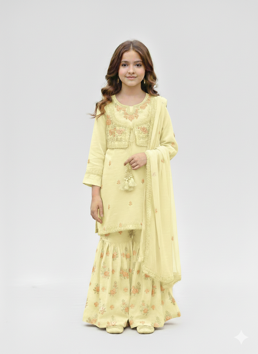 Elegant Embroidered Girls' Gharara Set with Matching Dupatta and Traditional Tassels in Three Colors