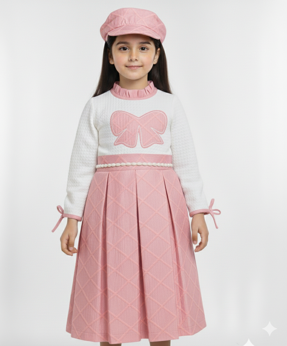 Elegant Girls’ Two-Tone Plaid Bow Dress with Matching Newsboy Cap – Chic Three-Piece Set