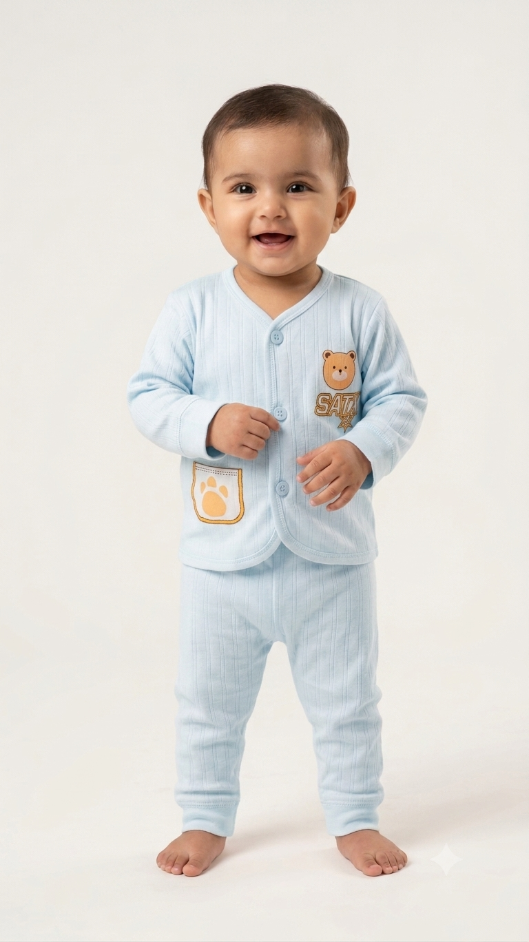 Adorable Soft Ribbed Cotton Baby Sleepwear Set with Cute Bear Print & Pocket
