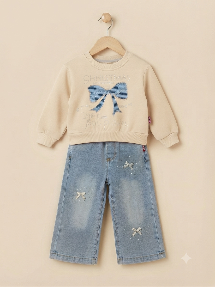 Stylish Girls Bow Graphic Sweatshirt And Full Length Trouser Outfit Set For Kids