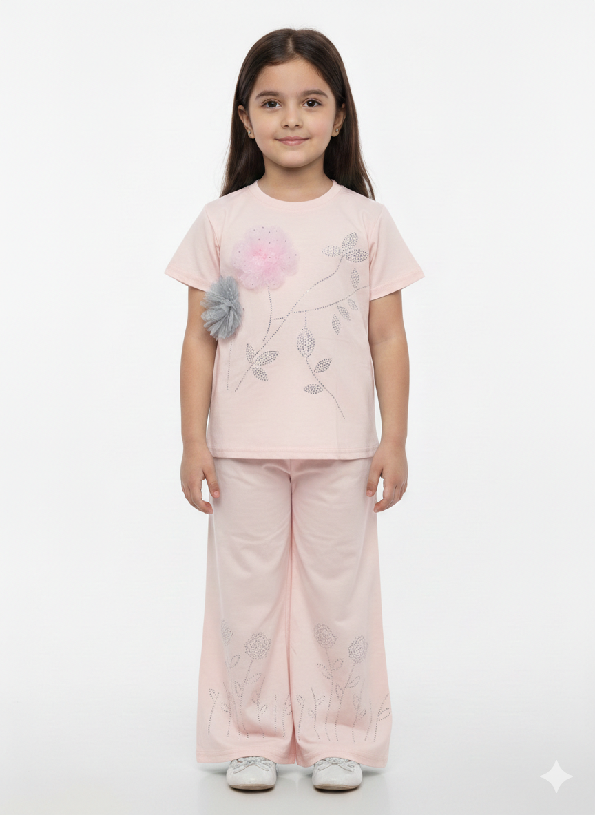 Girls Elegant Floral Applique T-Shirt and Wide Leg Pant Set - Stylish Two-Piece Summer Outfit