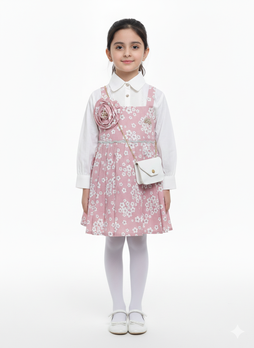 Charming Girls' Floral Pinafore Layered Dress Set with Matching Mini Purse and 3D Rose Accent