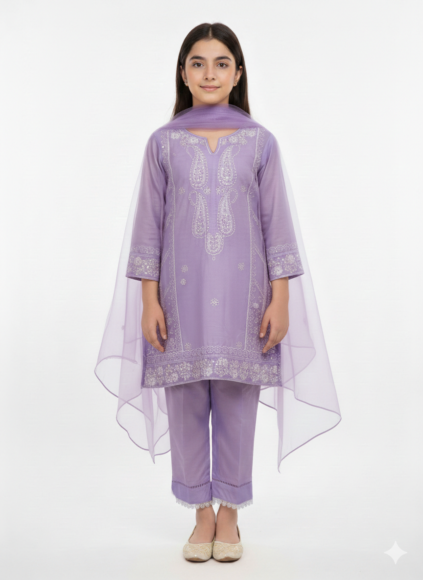 Vibrant Lilac Embroidered Chiffon Three-Piece Festive Suit with Silver Paisleys and Sheer Net Dupatta