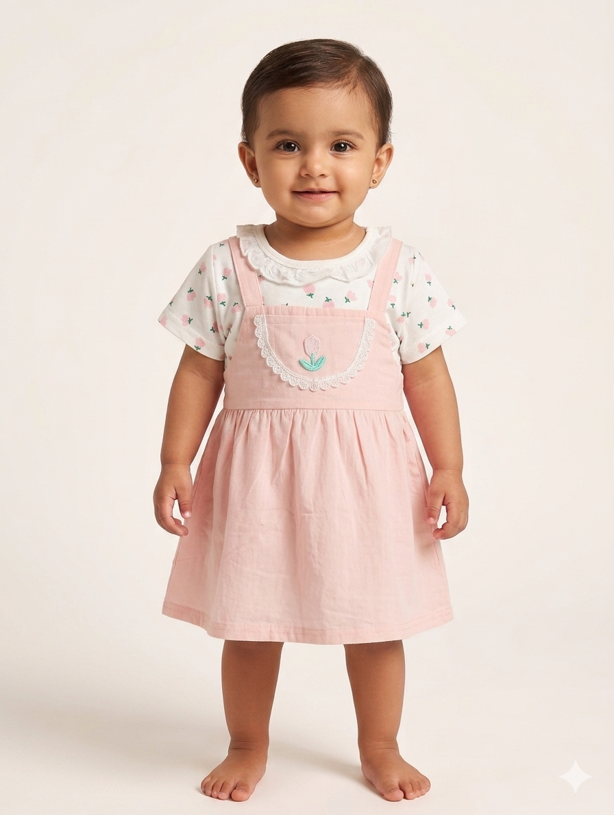 Toddler Girls Floral Print Peter Pan Collar T-Shirt and Corduroy Pinafore Dress Two-Piece Set