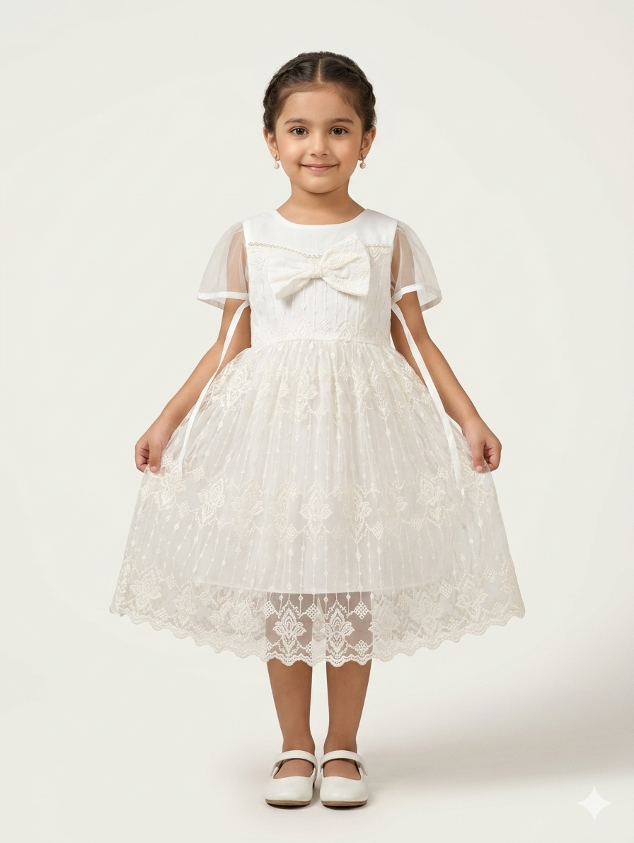 Elegant Girls Embroidered Lace Tulle Party Dress with Bow Accent and Sheer Flutter Sleeves