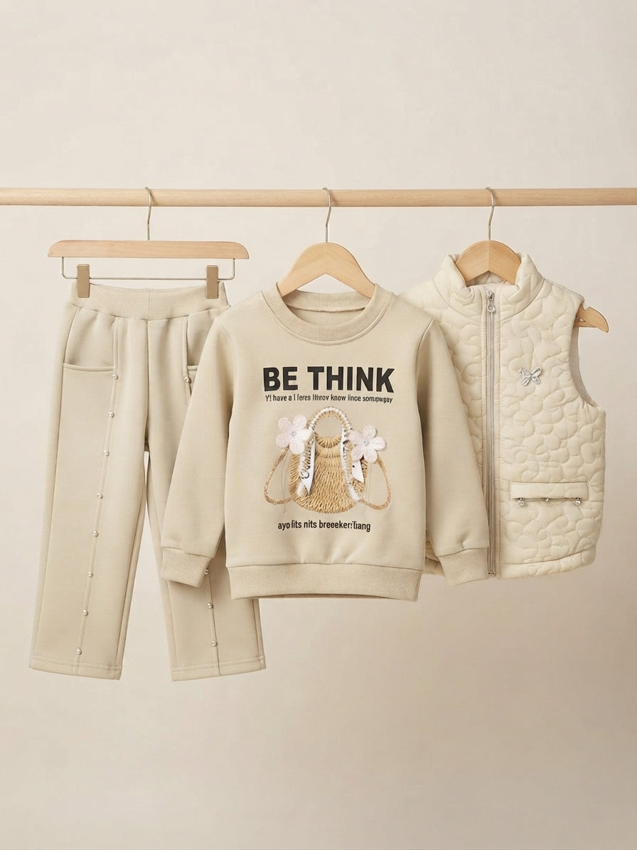 Kids Be Think Graphic Sweatshirt Quilted Vest And Beaded Pant Outfit Set