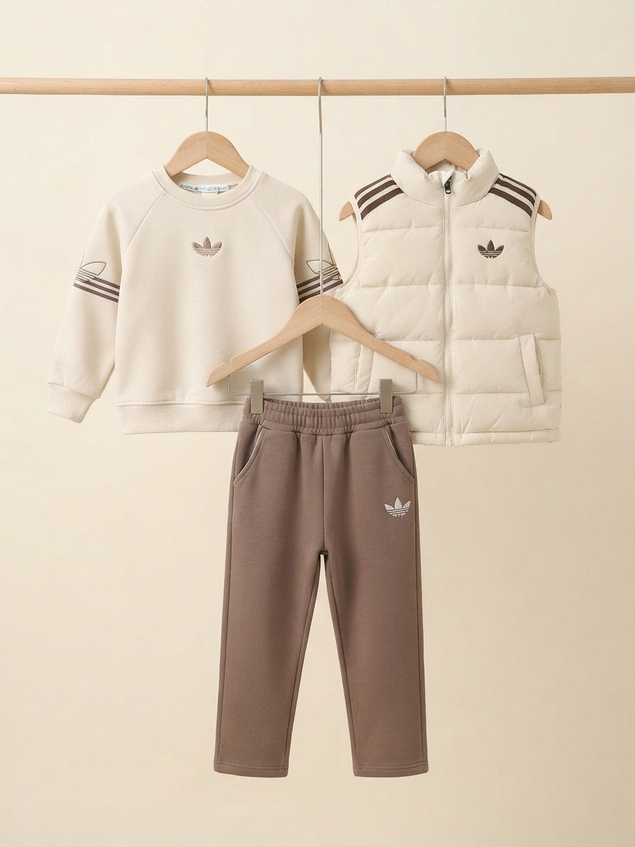 Kids Brand Logo Printed Crewneck Sweatshirt Puffer Vest And Trouser 3 Piece Outfit Set
