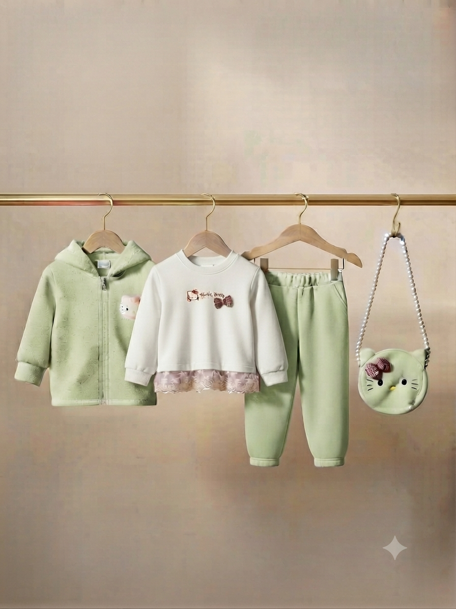 Cute Girls  4 Piece Winter Outfit Set Hoodie Sweatshirt Full Trousers And Bag
