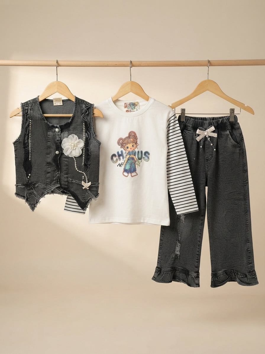 Stylish Girls 3-Piece Denim Outfit Set Featuring a Vest, Striped Shirt, and Jeans