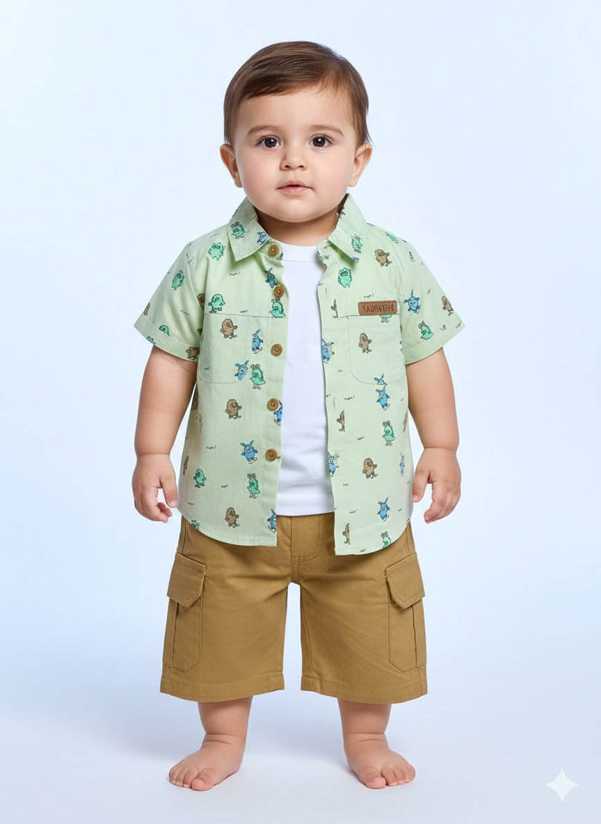 Baby Boys Summer Monster Friend Set Printed Button Shirt With Comfortable Matching Cargo Shorts