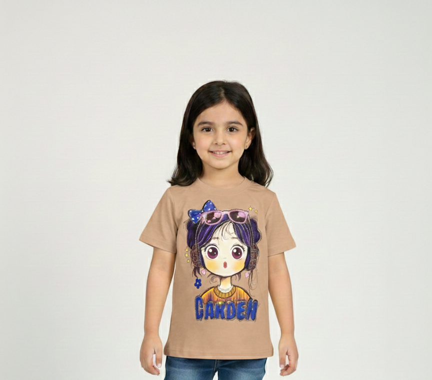Girls' Graphic T-Shirt - Cute Cartoon Character Print in Pink, Yellow, and Tan