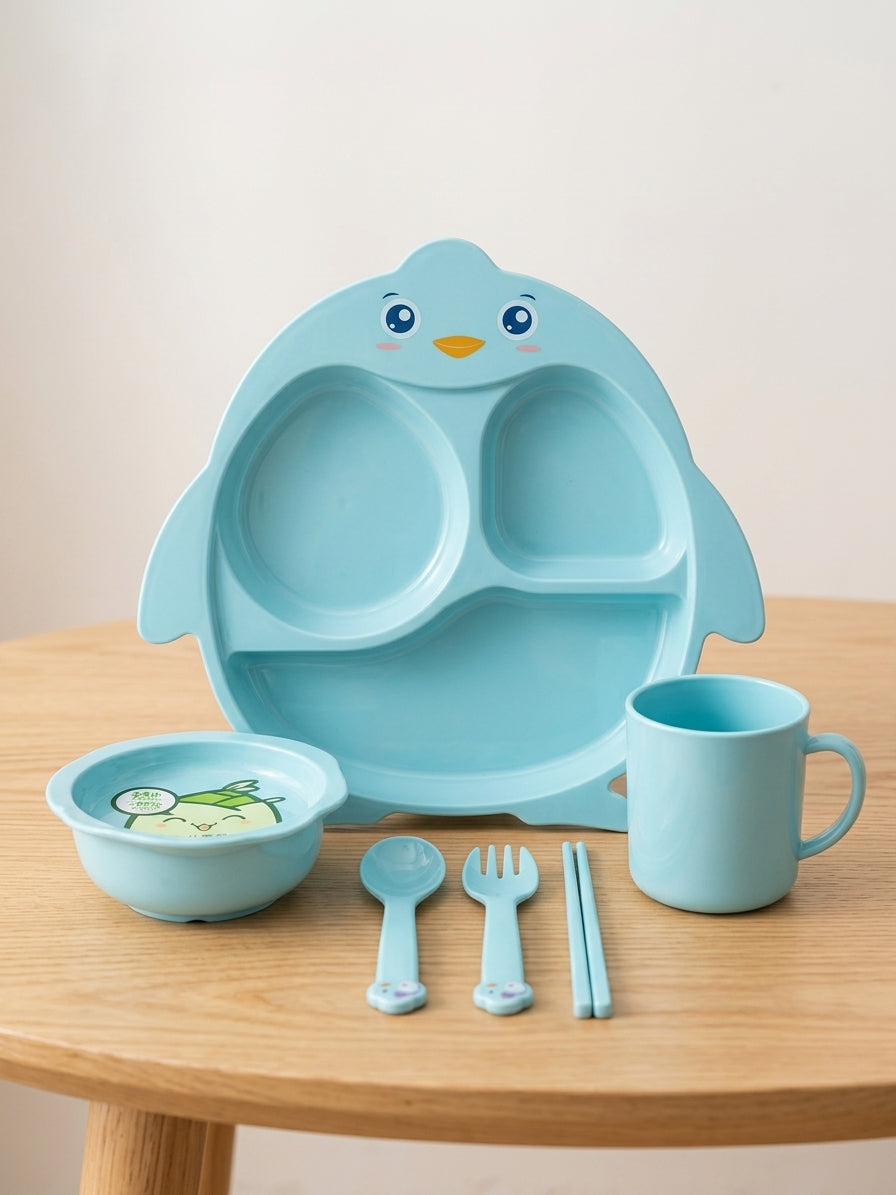 Kids Stainless Steel Compartment Dinnerware Set With Cup Bowl Spoon Fork Feeding Set