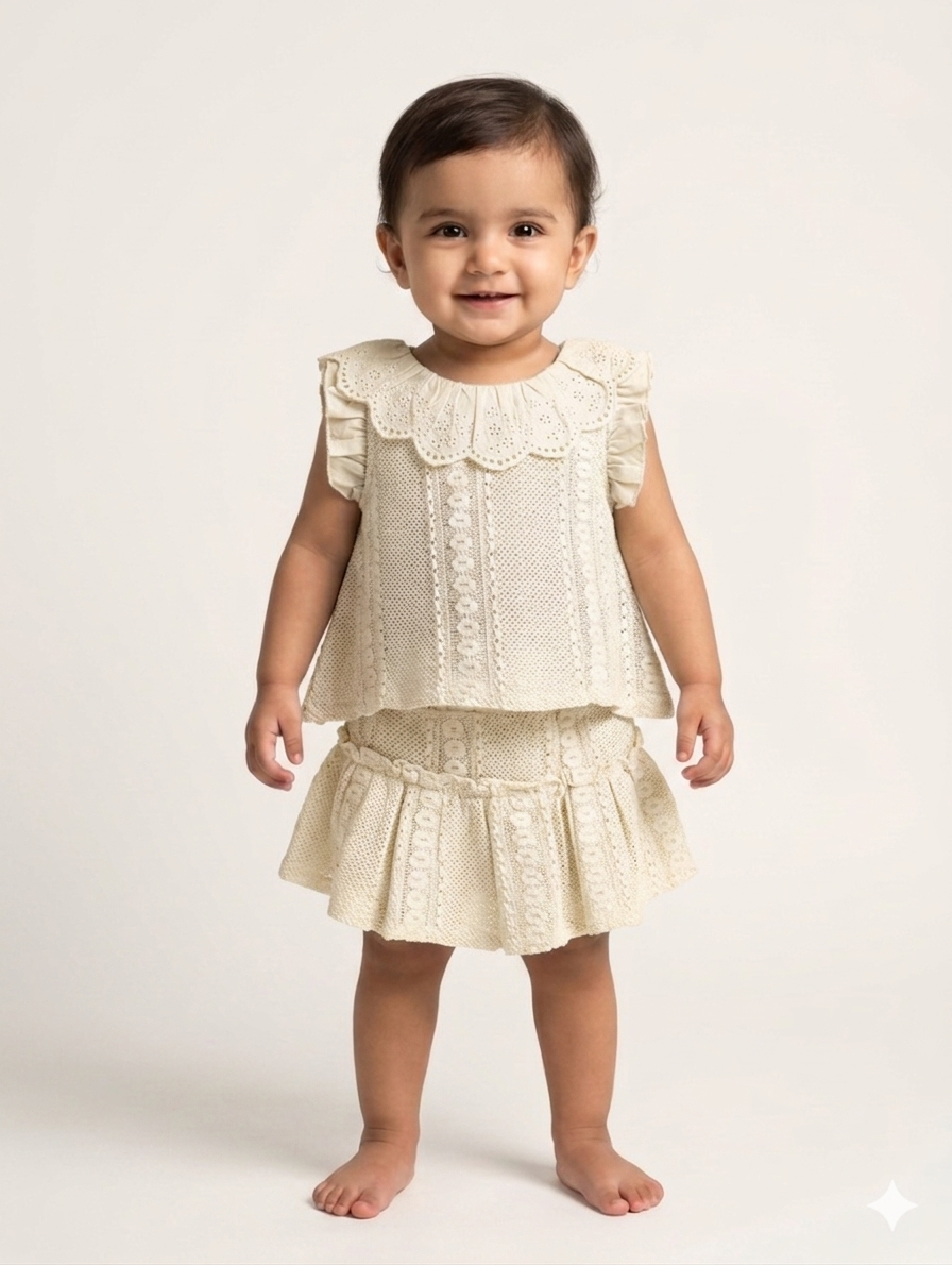 Baby Girl Eyelet Lace Scalloped Collar Top and Ruffled Skirt Two-Piece Summer Outfit Set