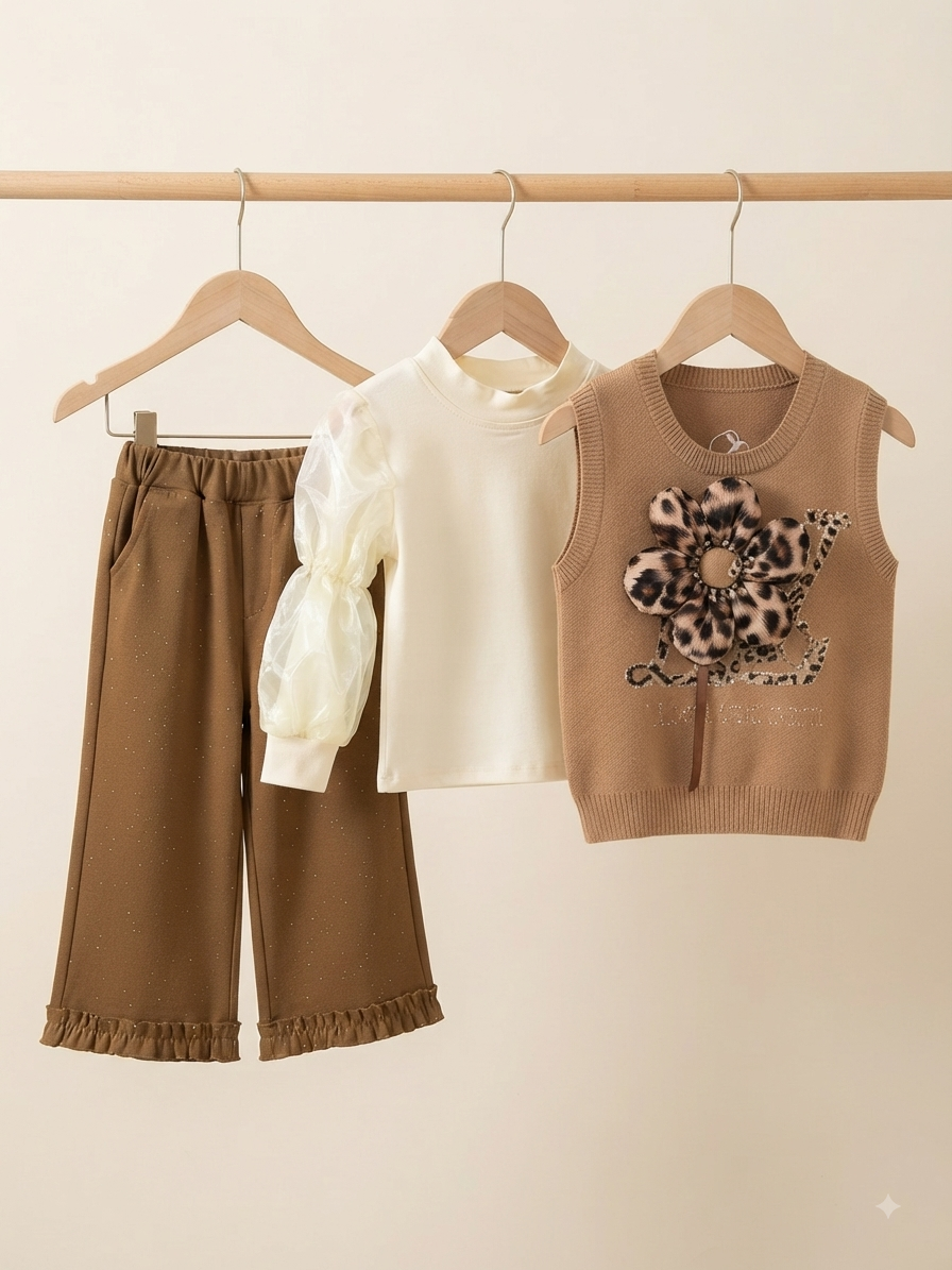 Stylish 3-Piece Girls Outfit Set with Knit Vest, Sheer Sleeve Top, and Glittery Pants