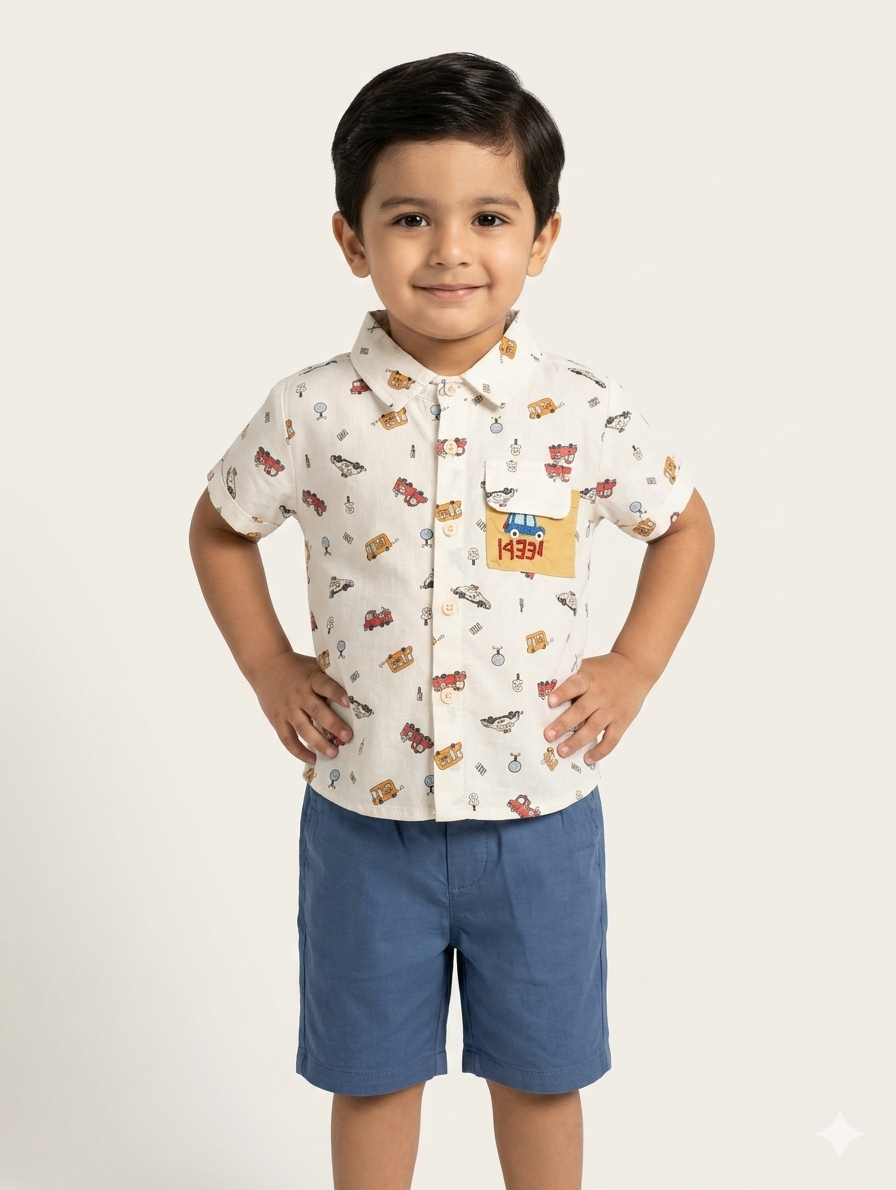 Little Adventurer Vehicle Print Short Sleeve Cotton Button Down Shirt and Shorts Summer Set