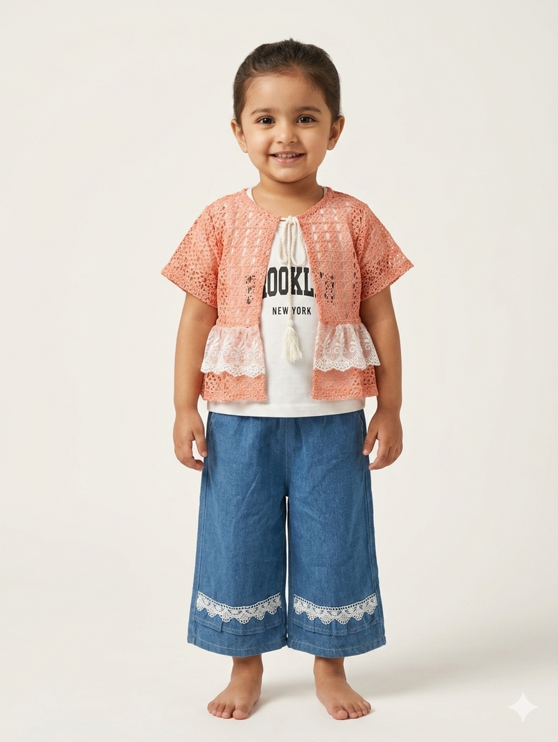 Girls Trendy Three Piece Outfit Set Featuring Lace Shrug Graphic Tee and Wide Leg Denim