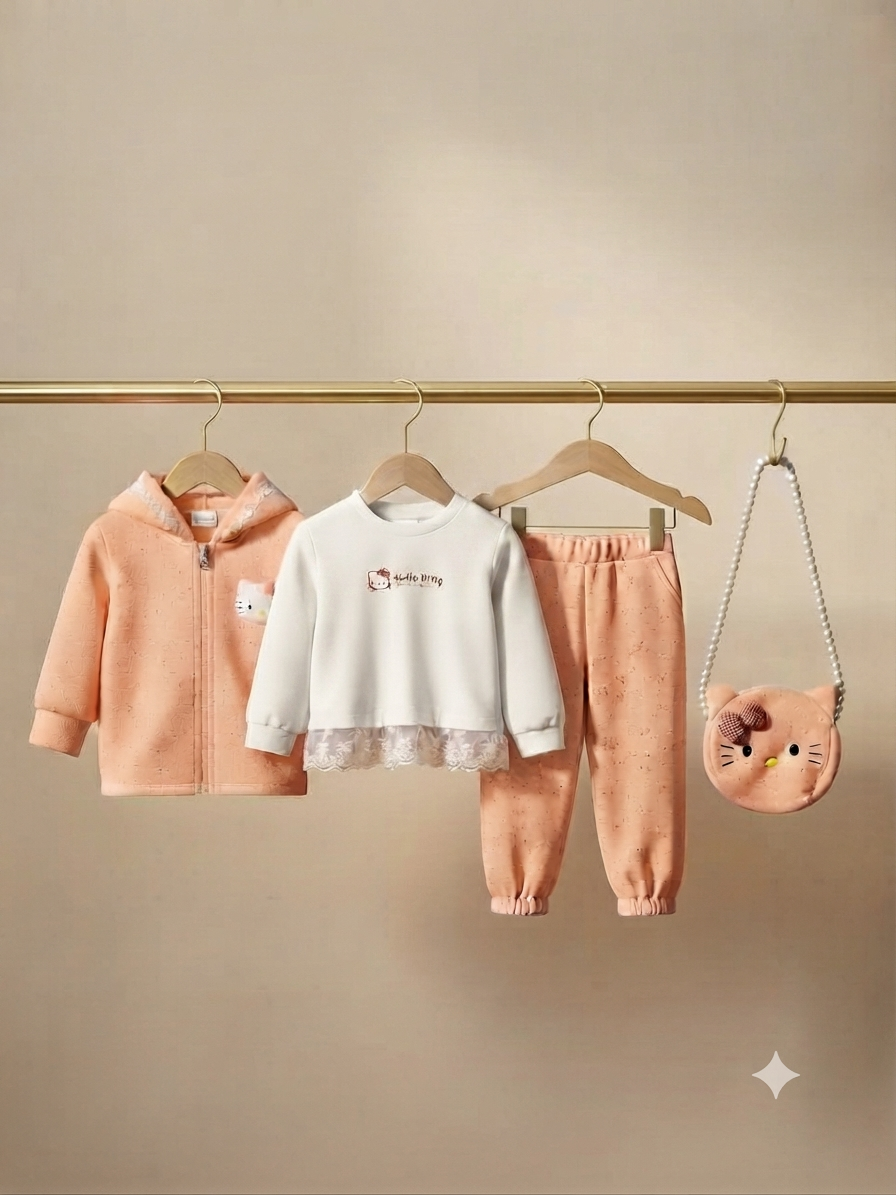 Cute Girls  4 Piece Winter Outfit Set Hoodie Sweatshirt Full Trousers And Bag