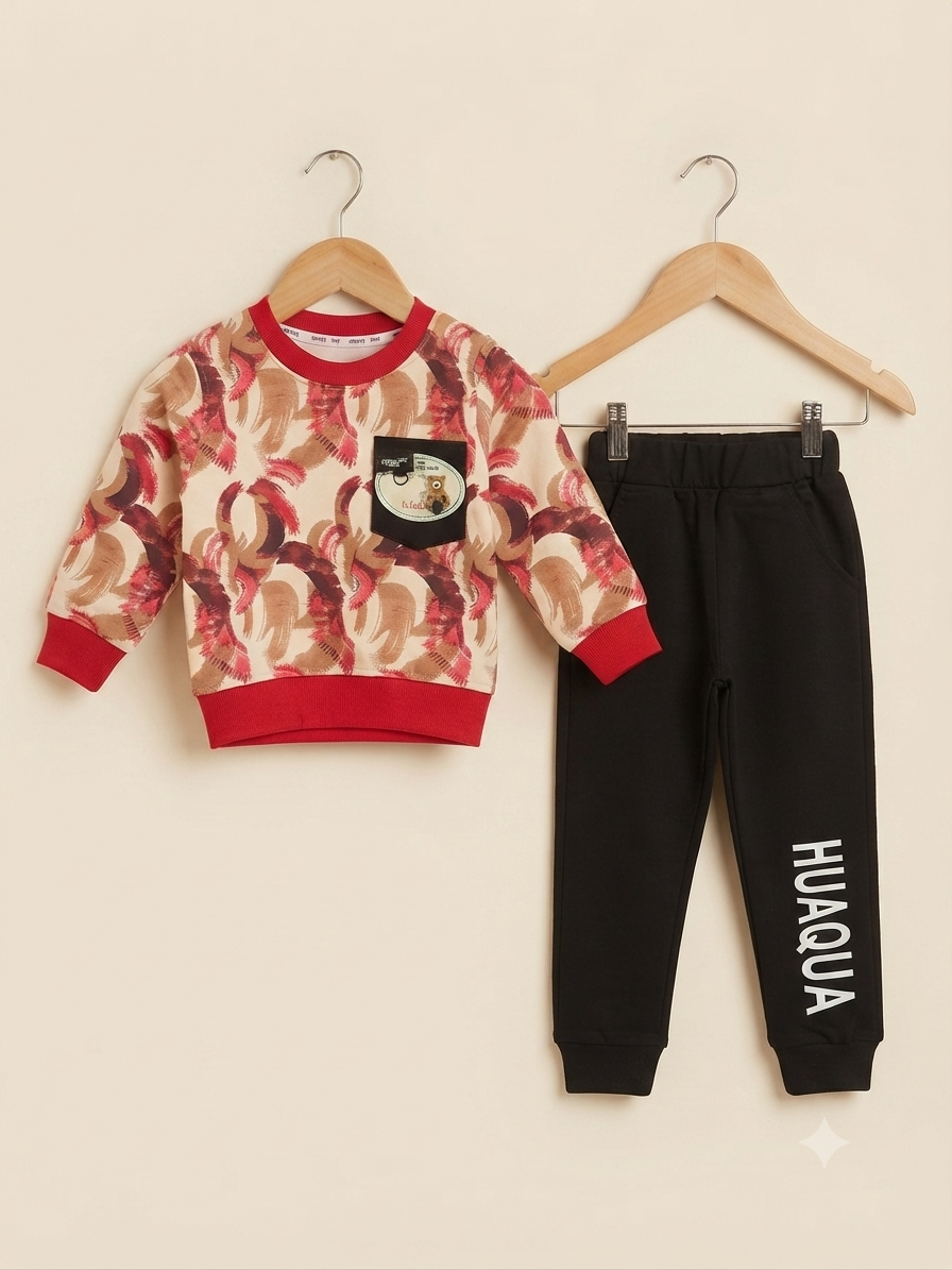Stylish Brush Stroke Print Kids Fleece Sweatshirt And Black Joggers Winter Outfit Set