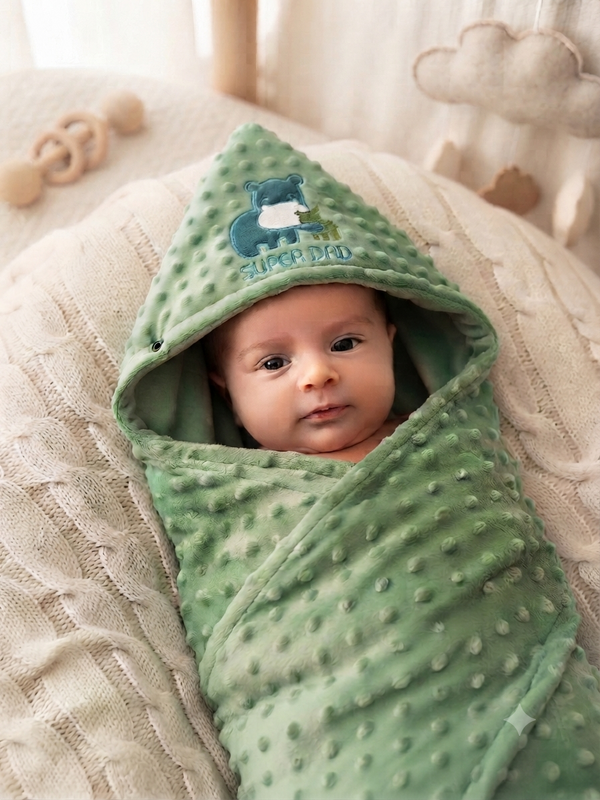 Soft Green Minky Baby Hooded Swaddle Blanket With Cute Super Dad Embroidery Design