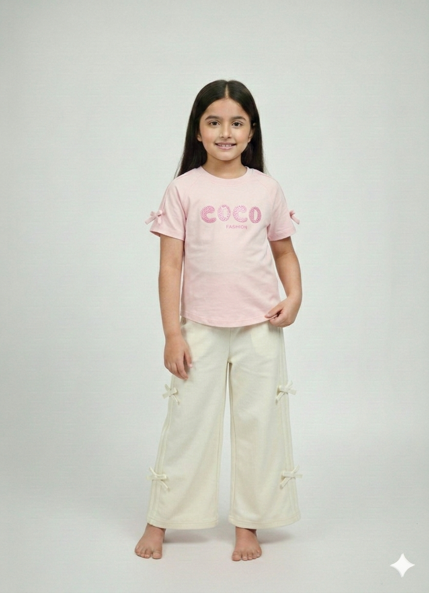 Girls' Two-Piece COCO Fashion Ribbed Knit Tee and Wide-Leg Bow-Accent Pant Set