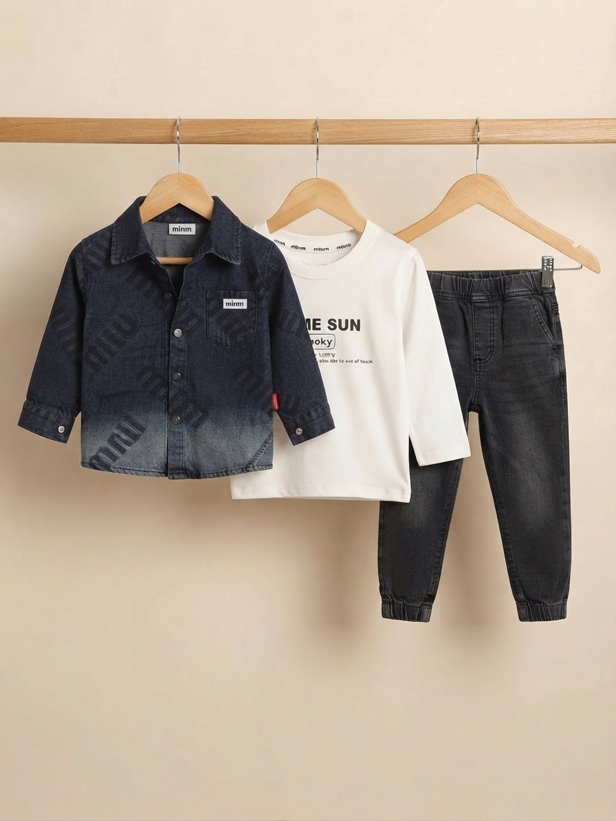 Stylish boys three piece outfit featuring denim jacket white t shirt and matching jeans