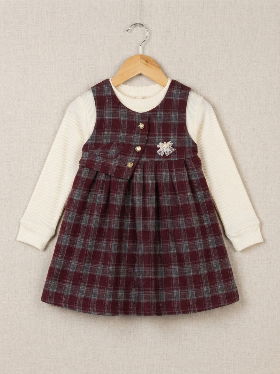 Girls Kids Checkered Pinafore Dress With Full Sleeve Inner Top Two Piece Set