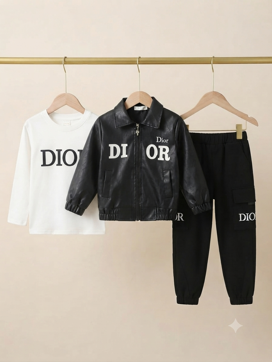 Kids Stylish 3-Piece Leather Jacket T-Shirt And Cargo Trouser Outfit Set