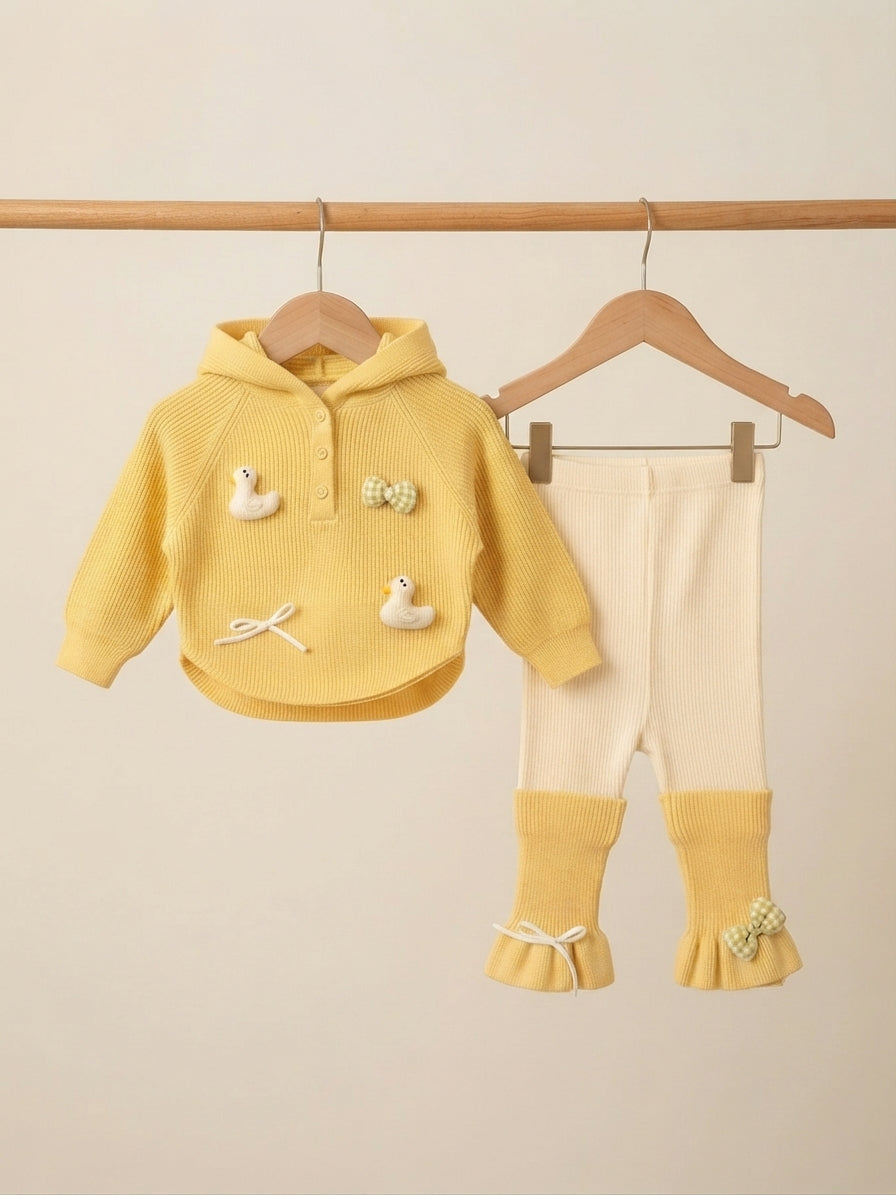 Cute Character Embellished Hooded Sweater with Matching Leggings Set for Daily Kids Fashion Wear