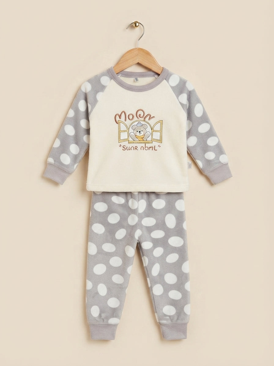 Cozy Kids Polka Dot Fleece Pajama Set With Cute Bear Graphic And Matching Trousers