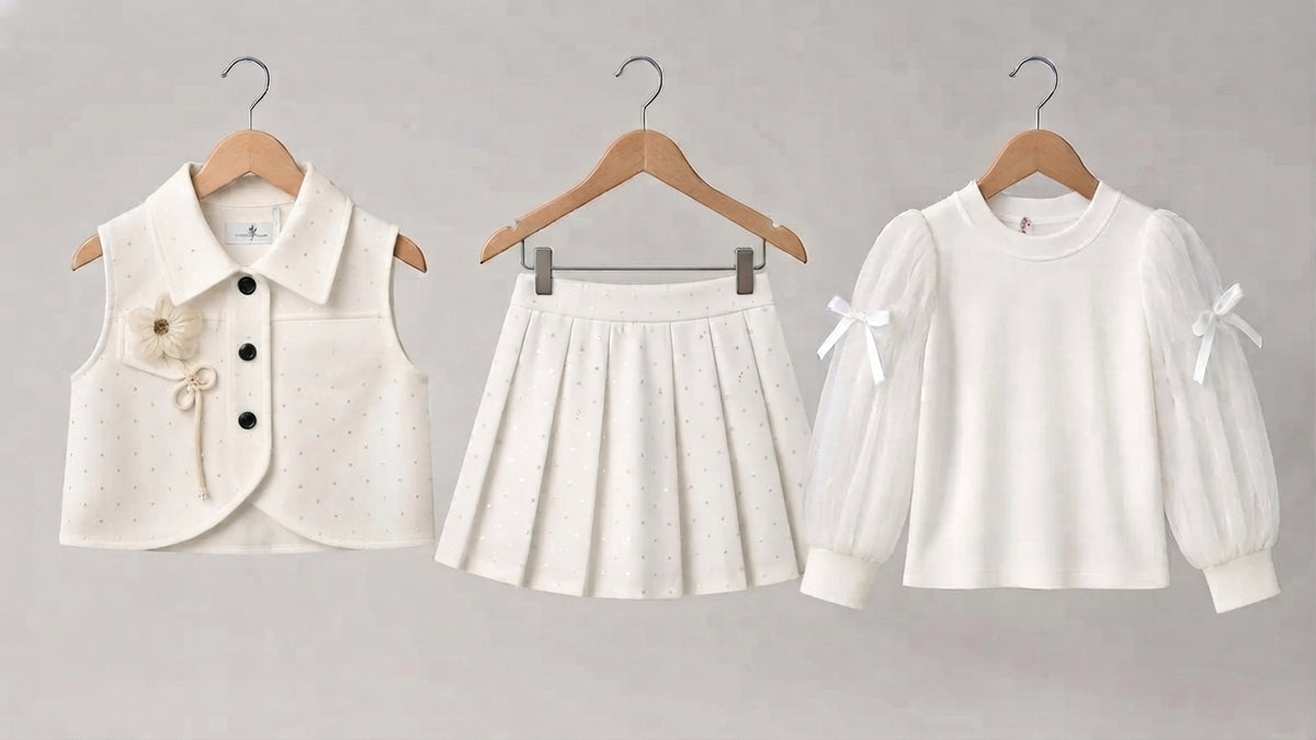 Chic Girls Button Vest With Floral Applique Matching Pleated Skirt And Long Sleeve Tee