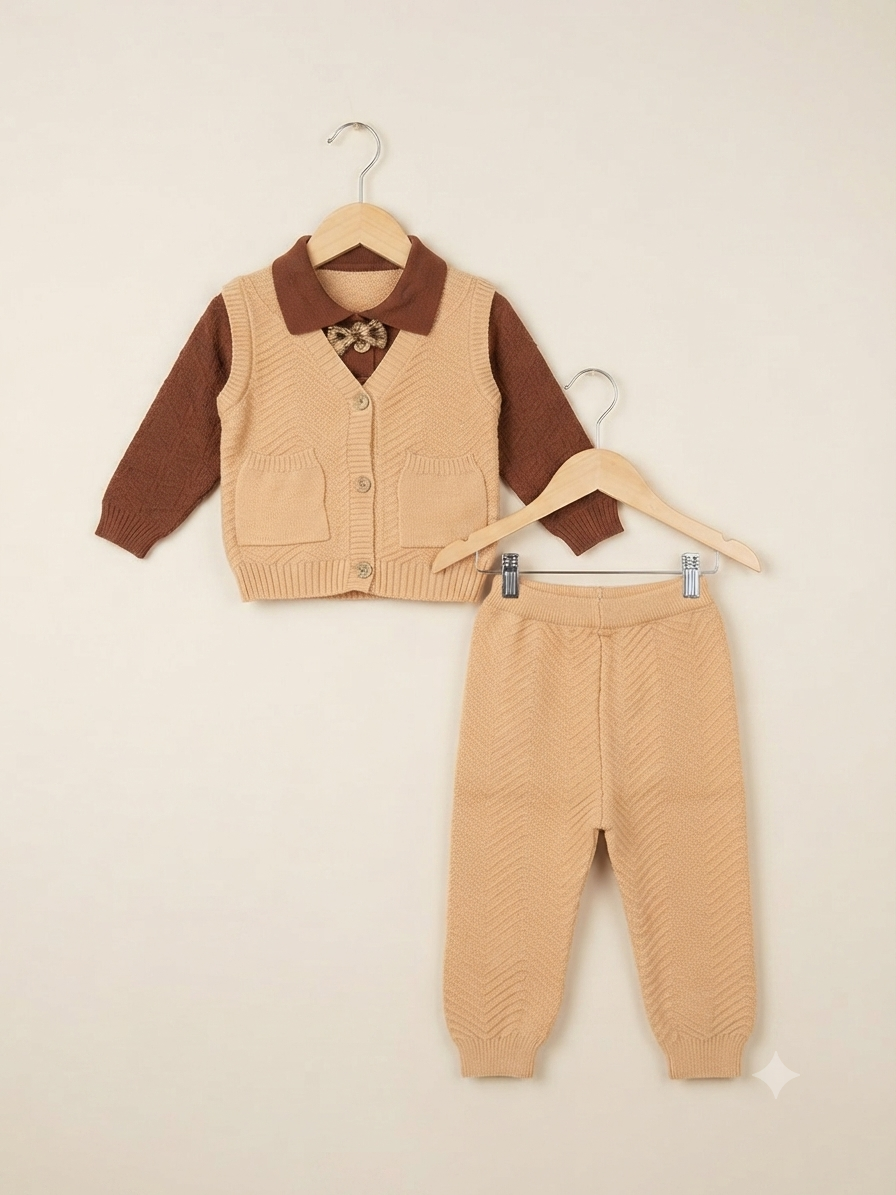 Baby Boy Knitted Two-Piece Set with Brown Vest and Trousers