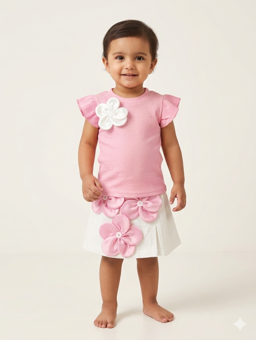 Toddler Girls' Ribbed Petal Sleeve Tee and 3D Flower Appliqué Skirt Set in Three Colors