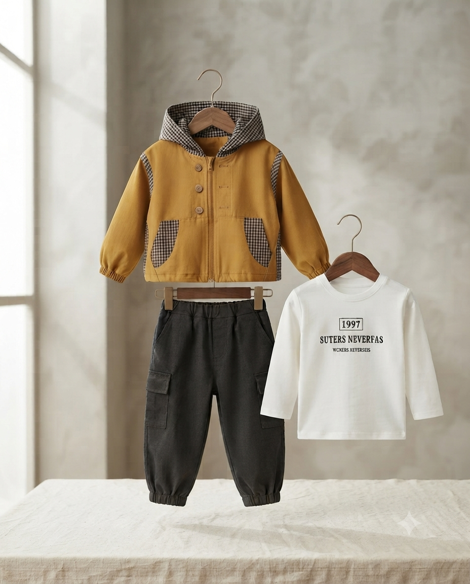 Trendy Boys Hooded Jacket T-shirt and Cargo Pant Set for Comfortable Daily Wear