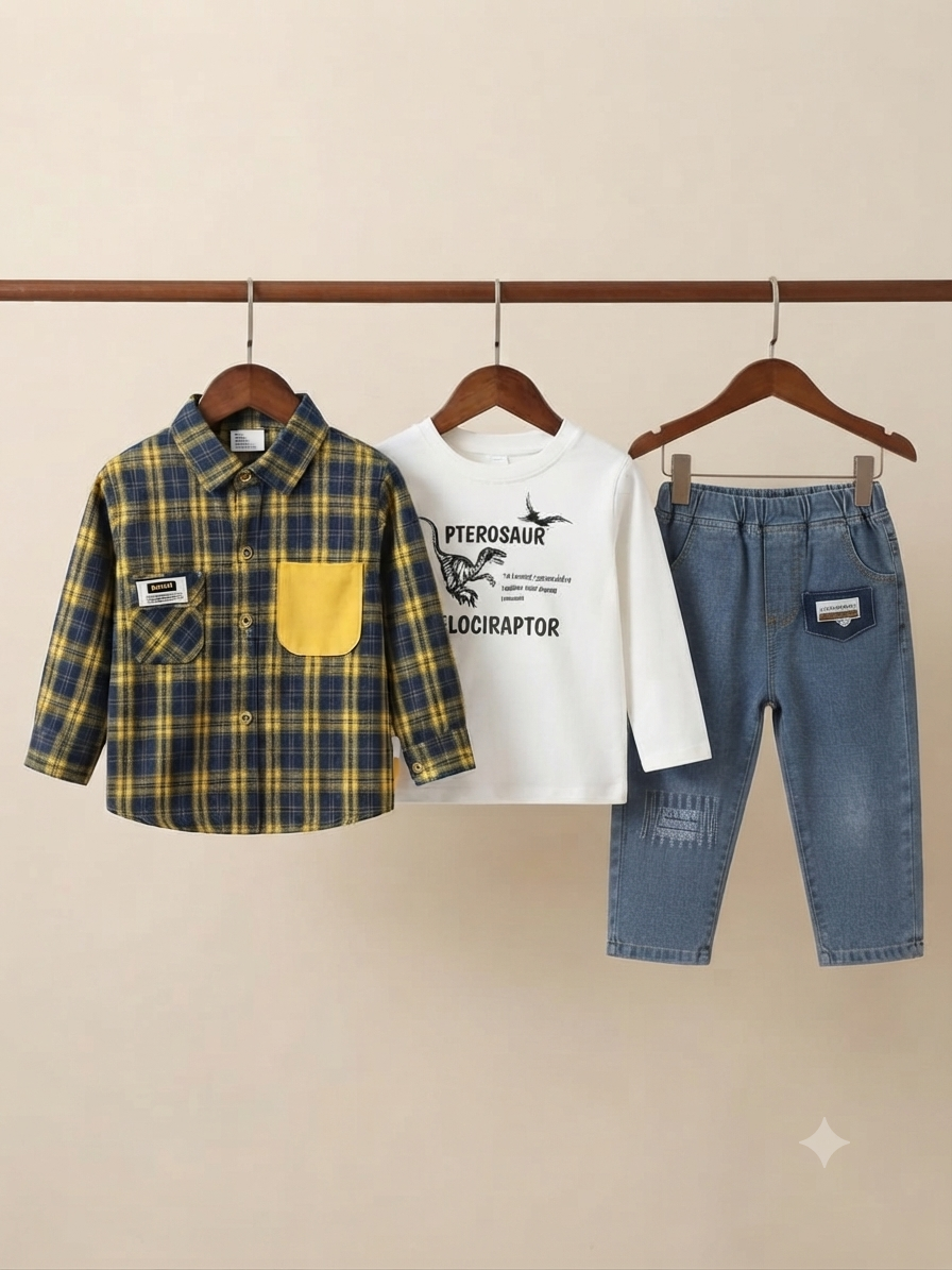 Stylish Boys Cotton Plaid Shirt Inner T-Shirt And Denim Trouser 3-Piece Outfit Set