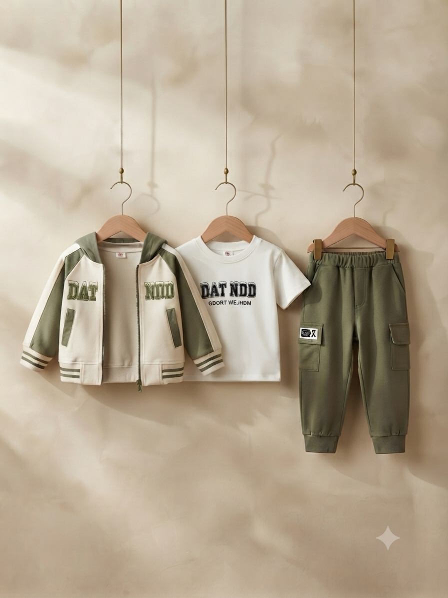 Stylish 3-Piece Kids Outfit Featuring Zip Hoodie, Graphic T-Shirt, and Cargo Trousers Set