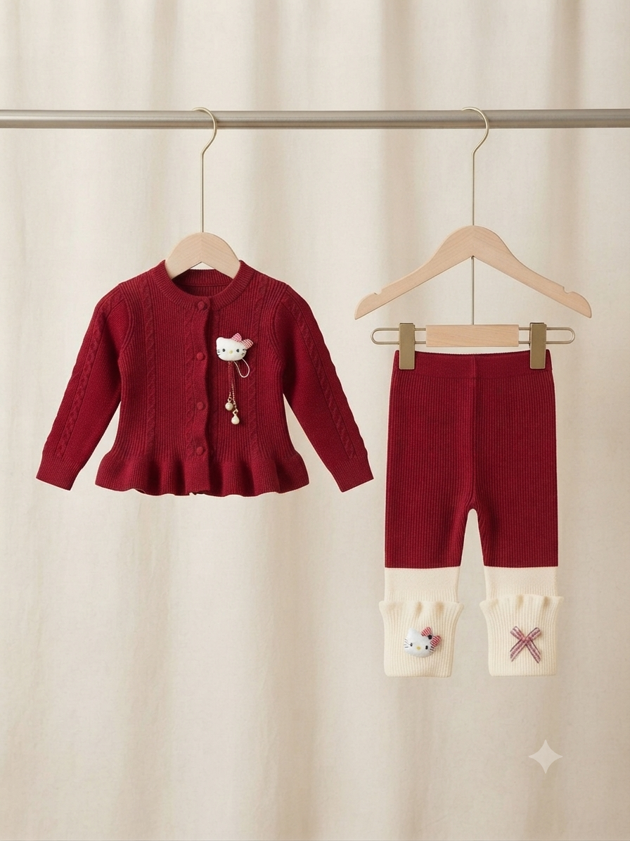 Chic Knitted Cardigan And Full Length Trouser Set With Cute Cartoon Accents