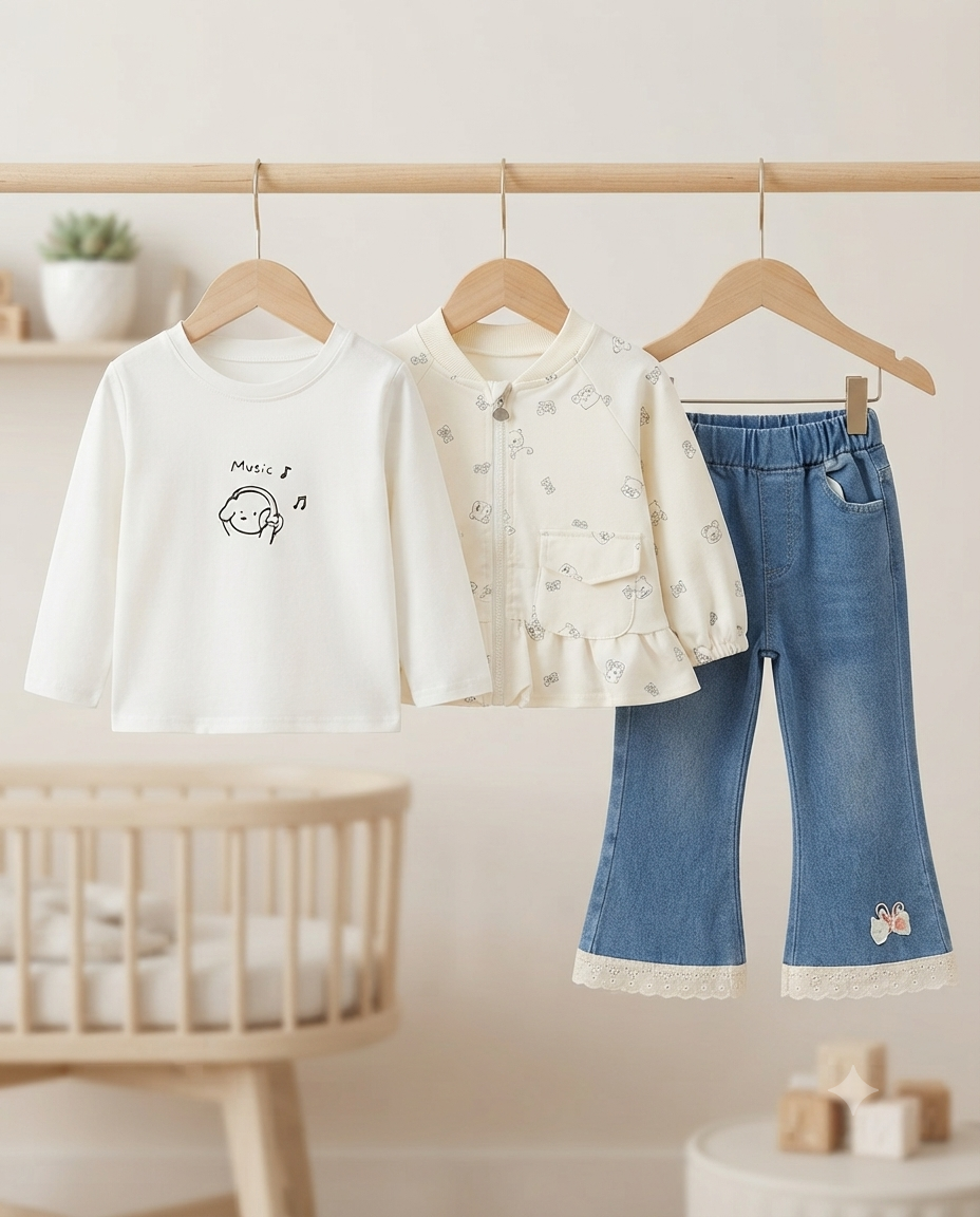 Girls Cute 3-Piece Outfit Set Printed Long Sleeve T-Shirt Zipper Jacket Denim Trousers