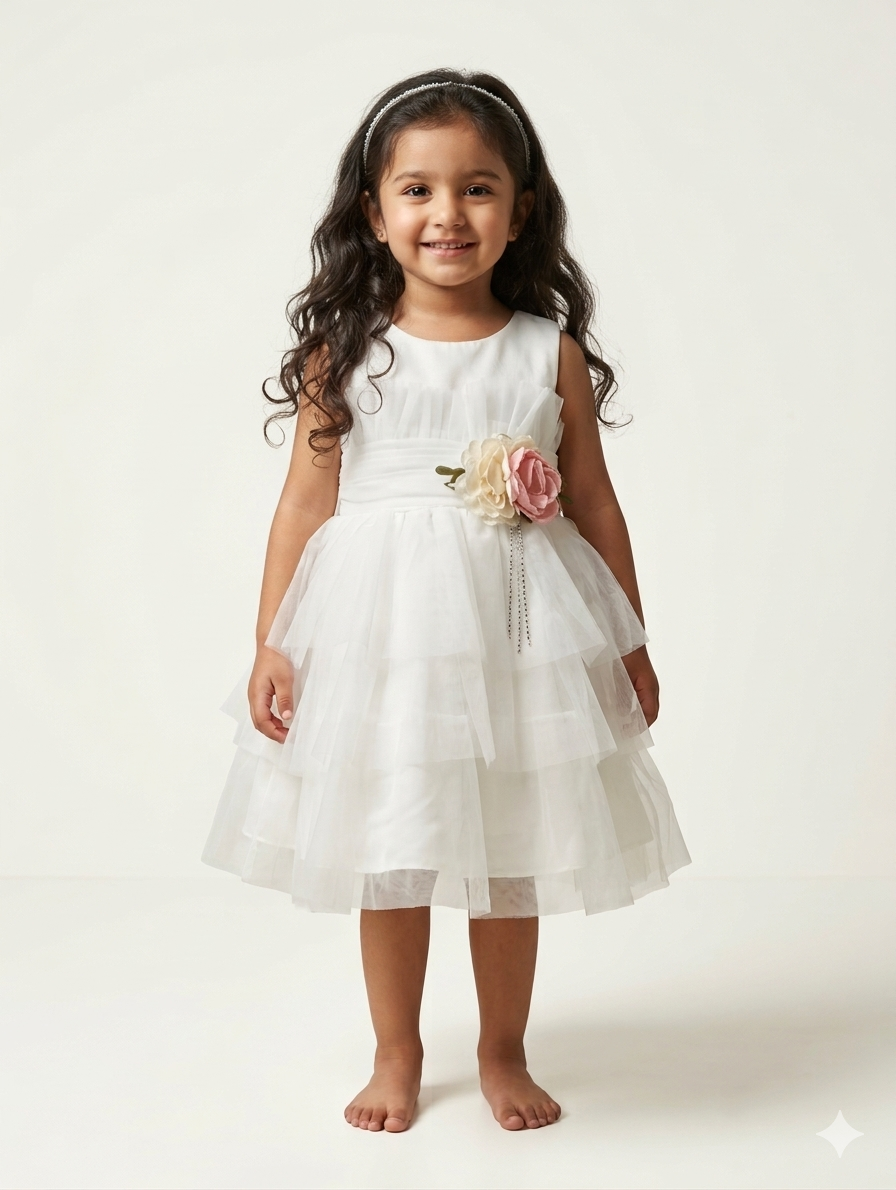 Elegant Sleeveless Tiered Tulle Flower Girl Dress with Floral Waist Detail for Special Occasions