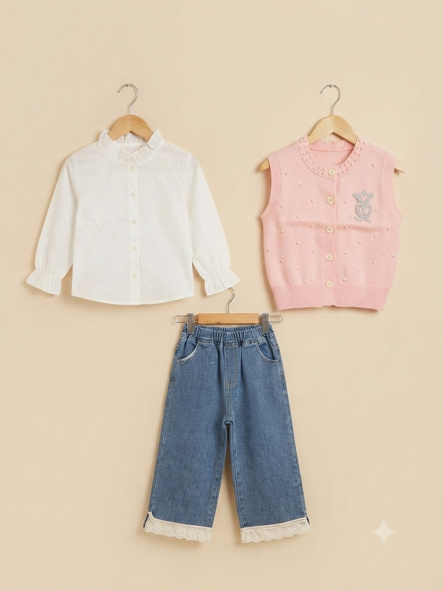 Stylish Girls 3-Piece Outfit Set Featuring White Ruffle Shirt, Knit Vest, And Denim Trouser