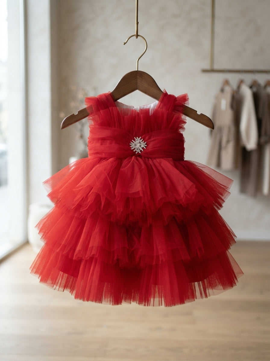 Gorgeous Fluffy Tulle Party Dress With Sparkling Brooch Detail For Cute Little Baby Girls