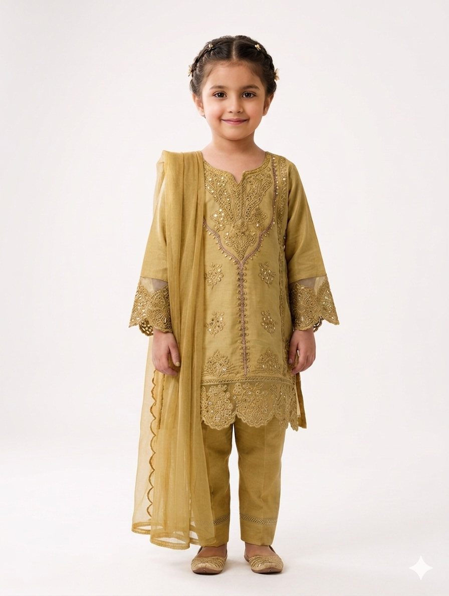Elegant Embroidered Kids Salwar Kameez Set with Matching Dupatta and Trousers for Festive Celebrations