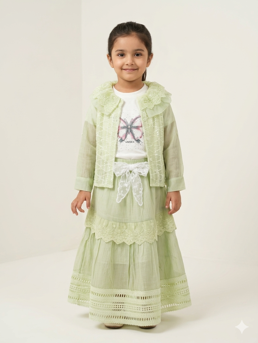 Elegant Girls' Three-Piece Embroidered Lace Maxi Skirt Set with Butterfly Print Tee and Jacket