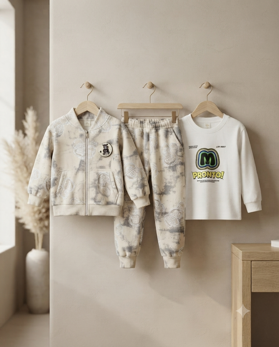 Stylish Kids 3-Piece Set: Zip-Up Jacket, Matching Joggers, And Graphic Long-Sleeve T-Shirt