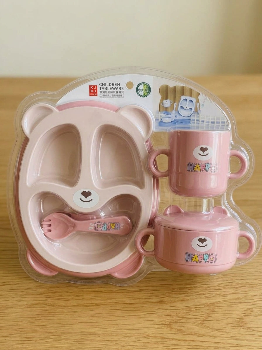 Kids Cute Teddy Bear Compartment Feeding Set Plate Bowl Cup Spoon Fork Set