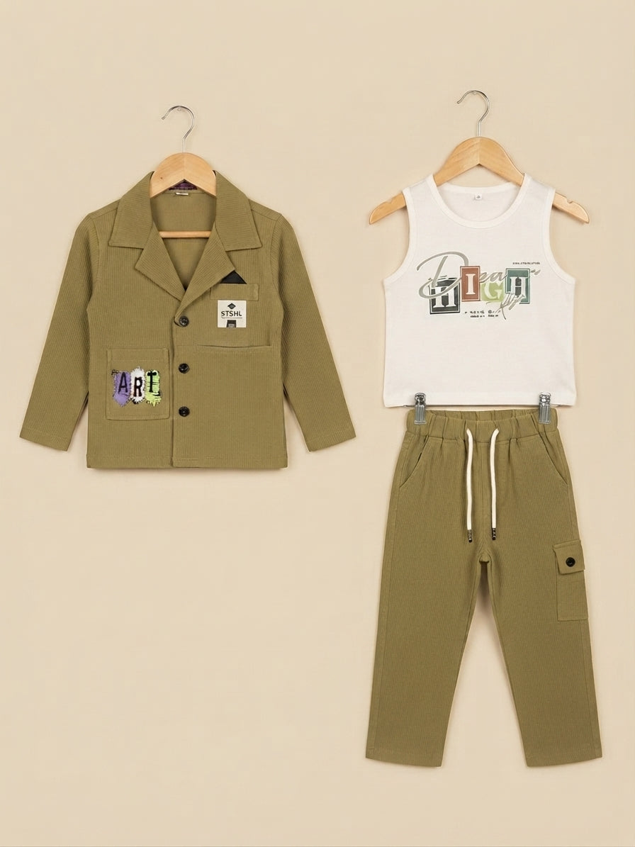 Stylish Three Piece Kids Outfit Featuring Blazer Tank Top And Cargo Pants For Boys