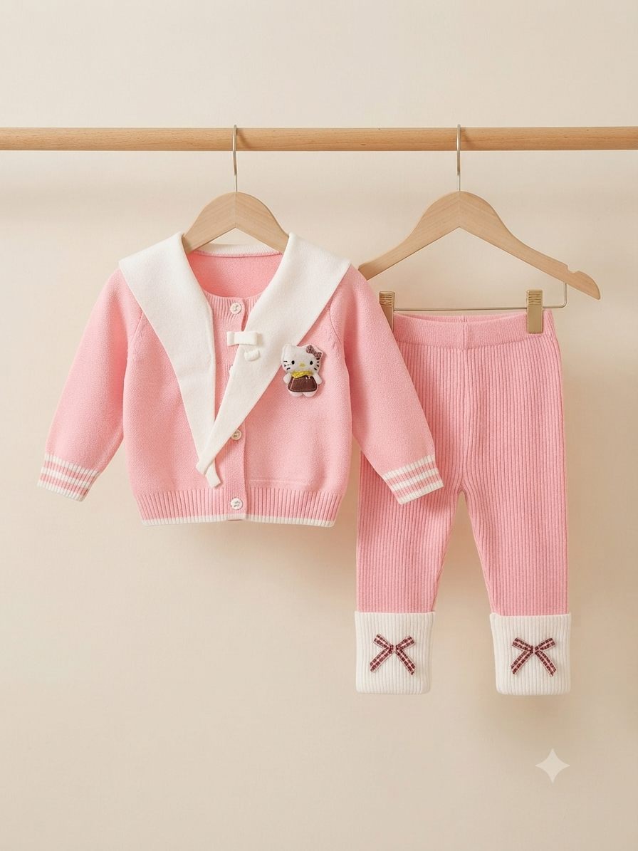 Baby Girl Knitted Cardigan and Trouser Two-Piece Winter Outfit