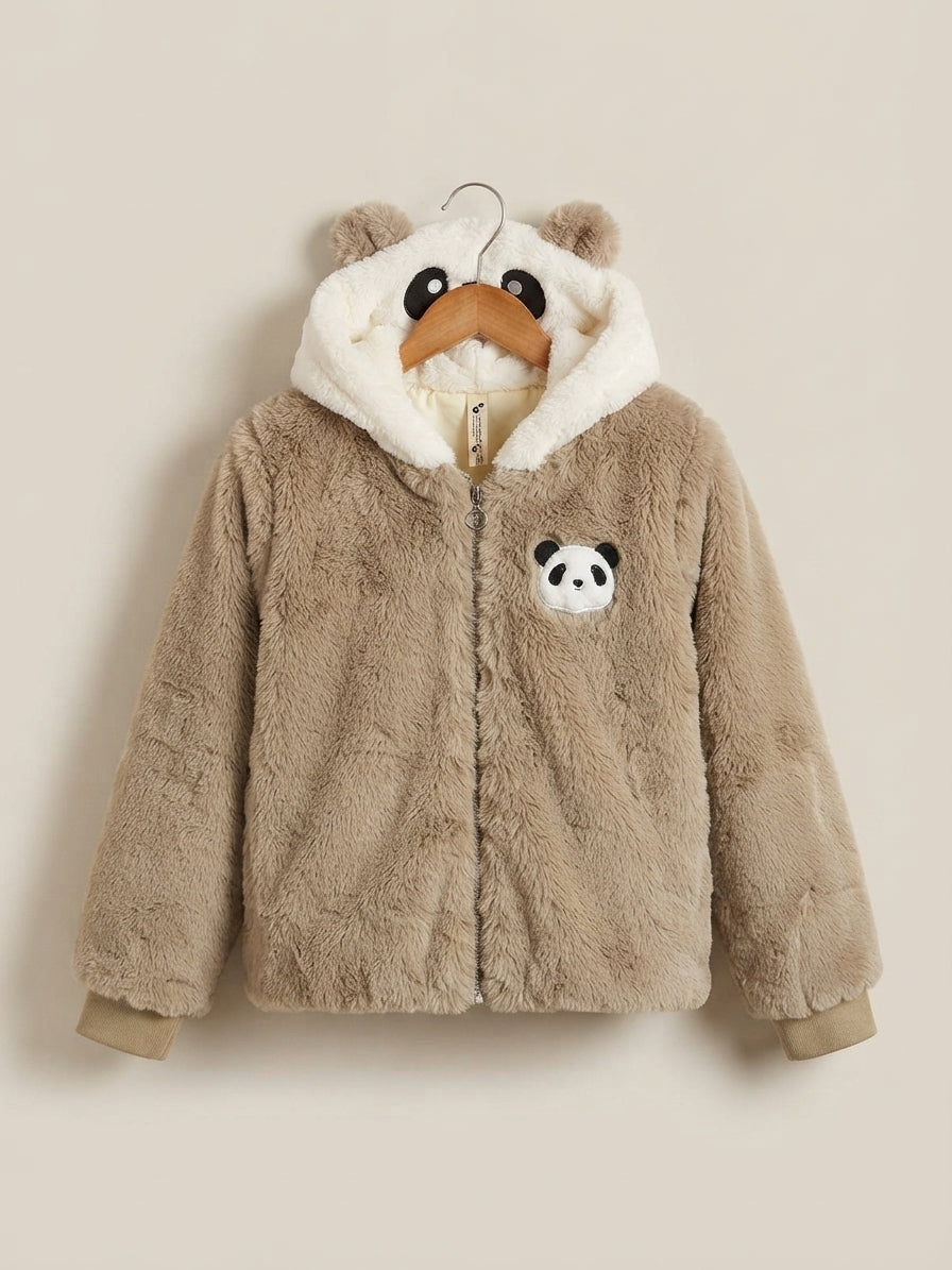 Kids white faux fur panda hoodie jacket with cute ears and front zipper closure.