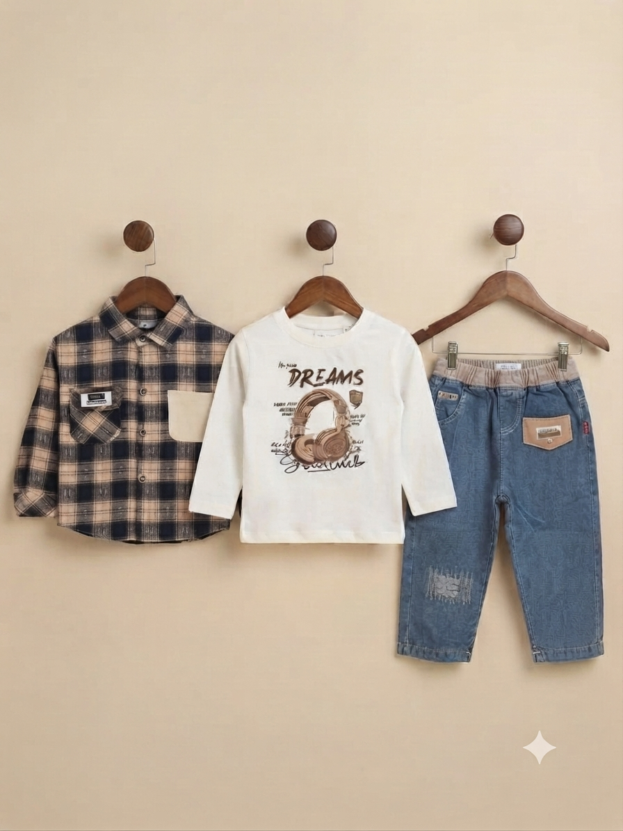 Stylish Boys Cotton Plaid Shirt Inner T-Shirt And Denim Trouser 3-Piece Outfit Set