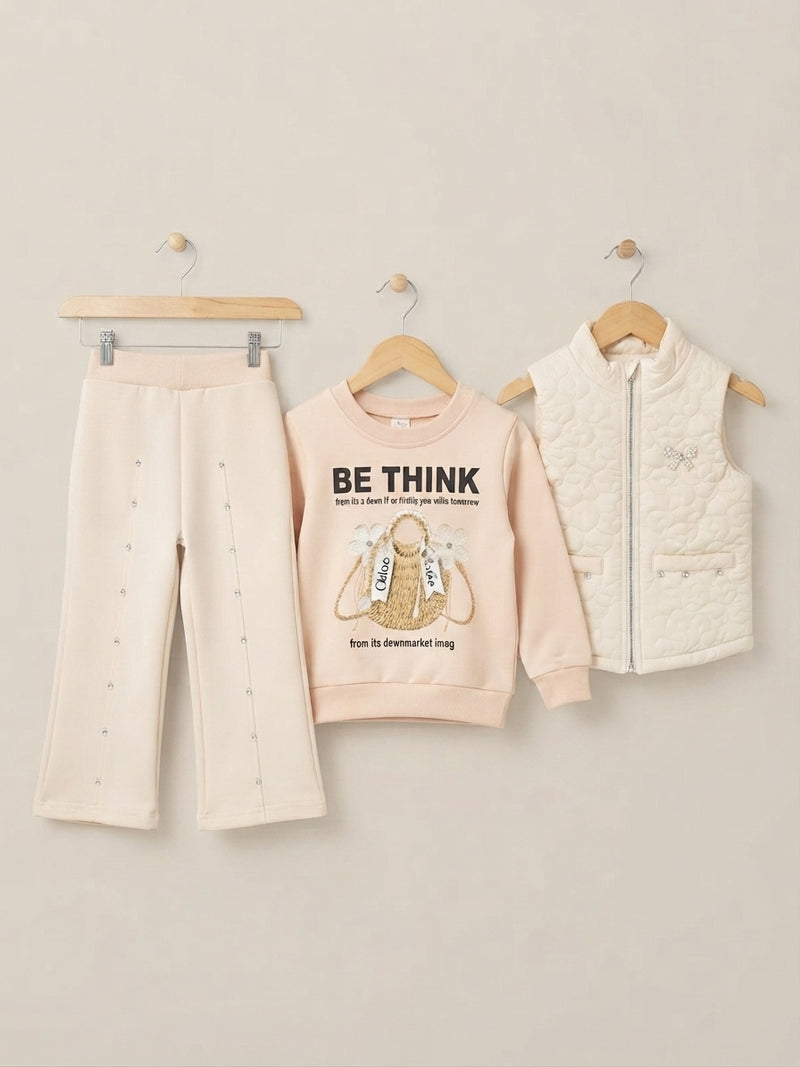 Kids Be Think Graphic Sweatshirt Quilted Vest And Beaded Pant Outfit Set