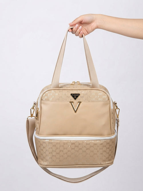 FLOHAT Premium Structured Handbag with Detachable Sling Strap Elegant V-Logo Design Black Skin